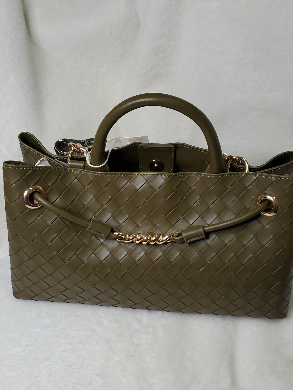 Olive Green Woven Tote with Gold Hardware